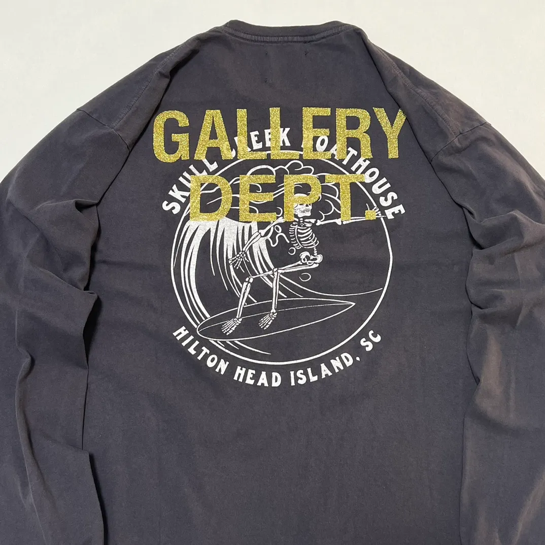 GALLERY DEPT. SKULL CREEK L/S TEE/BLK Glitter skull surf long sleeves, washed black S-XL, genuine development, correct version, garment dyed, washed and distressed, printing has a full sense of distress